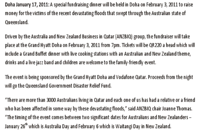 Qatar's Australian and New Zealander community unite to raise money for Queensland flood relief