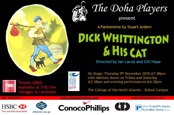 The Doha Players presents Dick Whittington and His Cat by Stuart Ardern @The College of the North Atlantic, Duha
